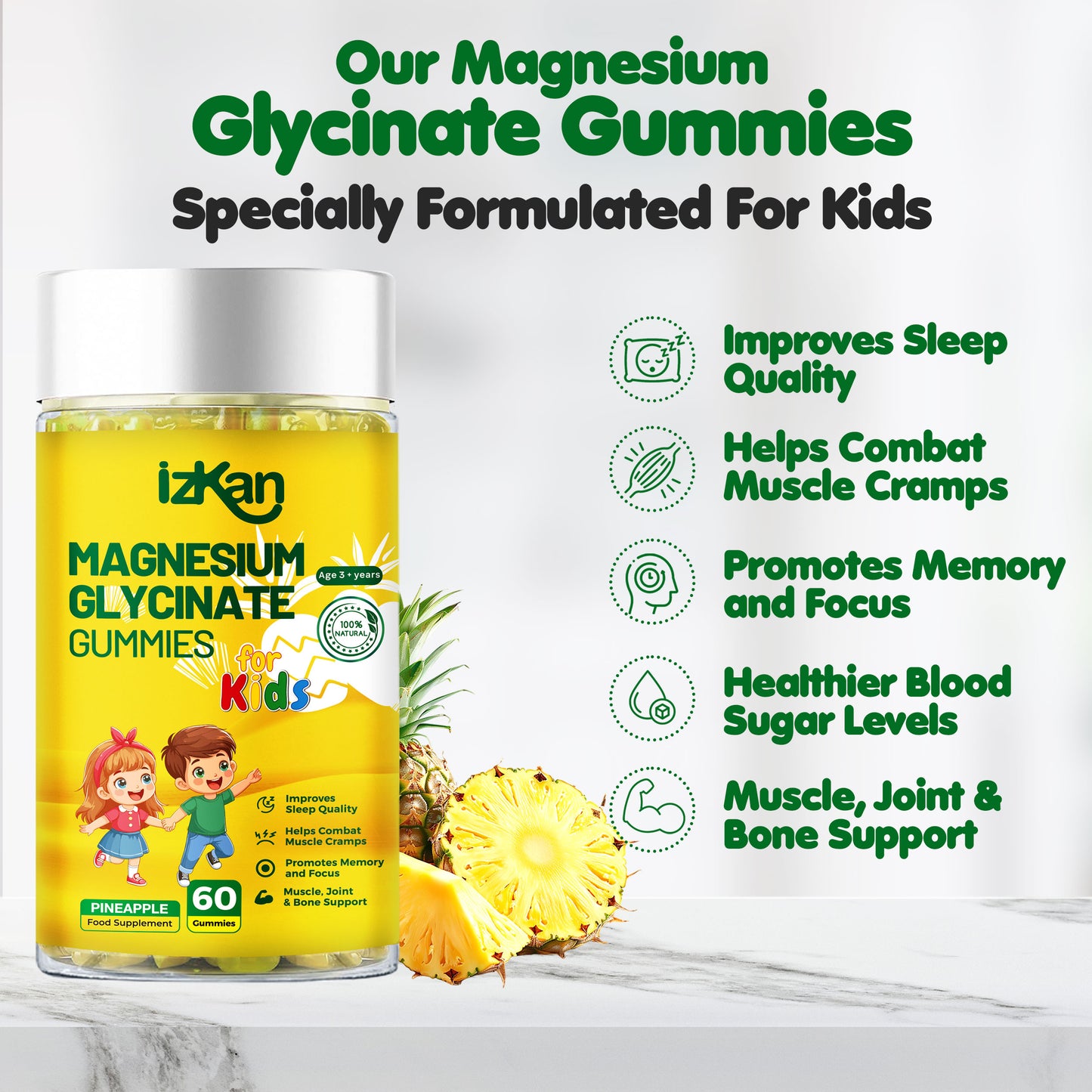 Magnesium Glycinate Gummies for Kids 100mg, Pineapple Flavor