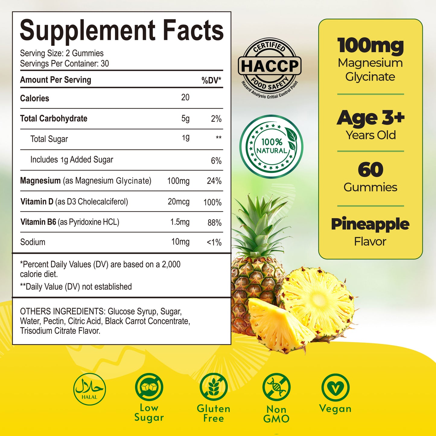 Magnesium Glycinate Gummies for Kids 100mg, Pineapple Flavor