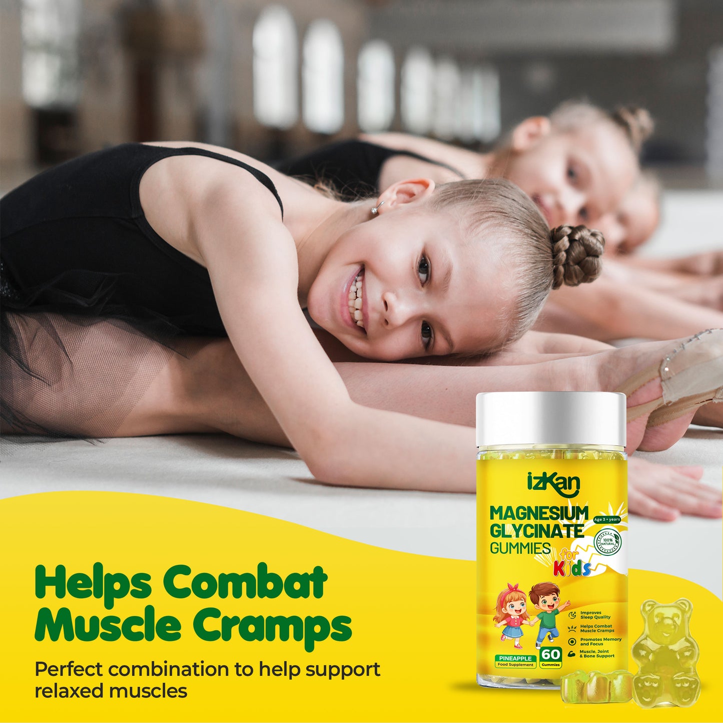 Magnesium Glycinate Gummies for Kids 100mg, Pineapple Flavor