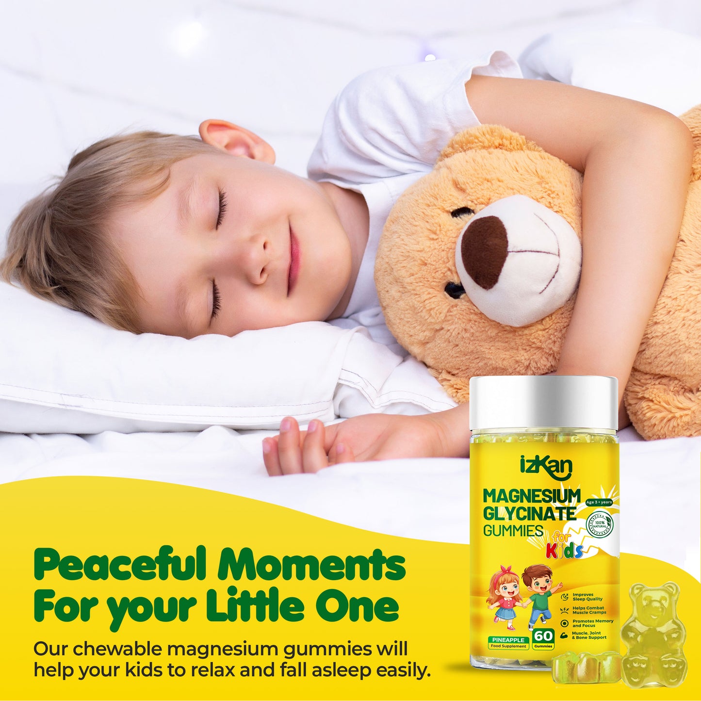 Magnesium Glycinate Gummies for Kids 100mg, Pineapple Flavor