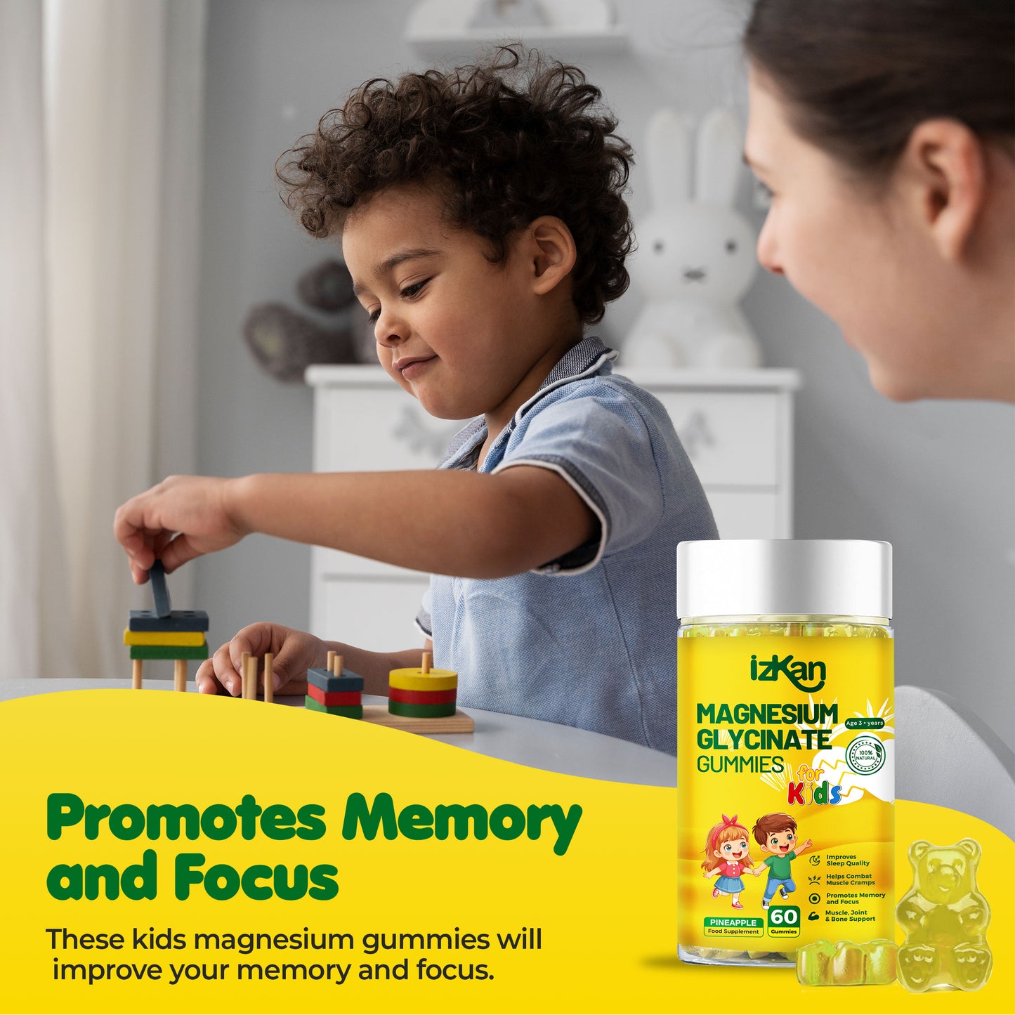 Magnesium Glycinate Gummies for Kids 100mg, Pineapple Flavor
