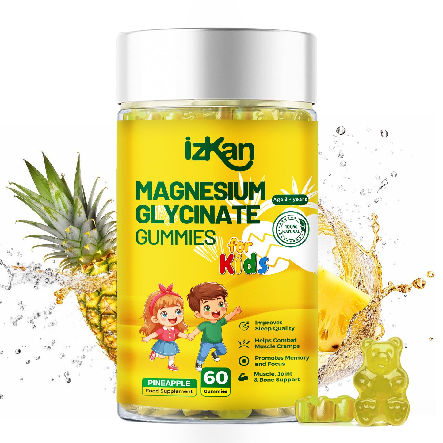 Magnesium Glycinate Gummies for Kids 100mg, Pineapple Flavor