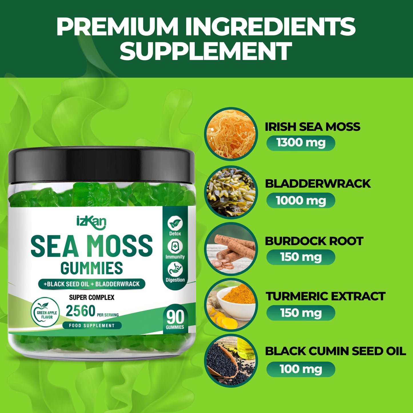 Sea Moss Gummies with Bladderwrack & Burdock Root 2640 mg Superfood with Black Seed Oil | Apple Flavour | 60 Vegan Gummies