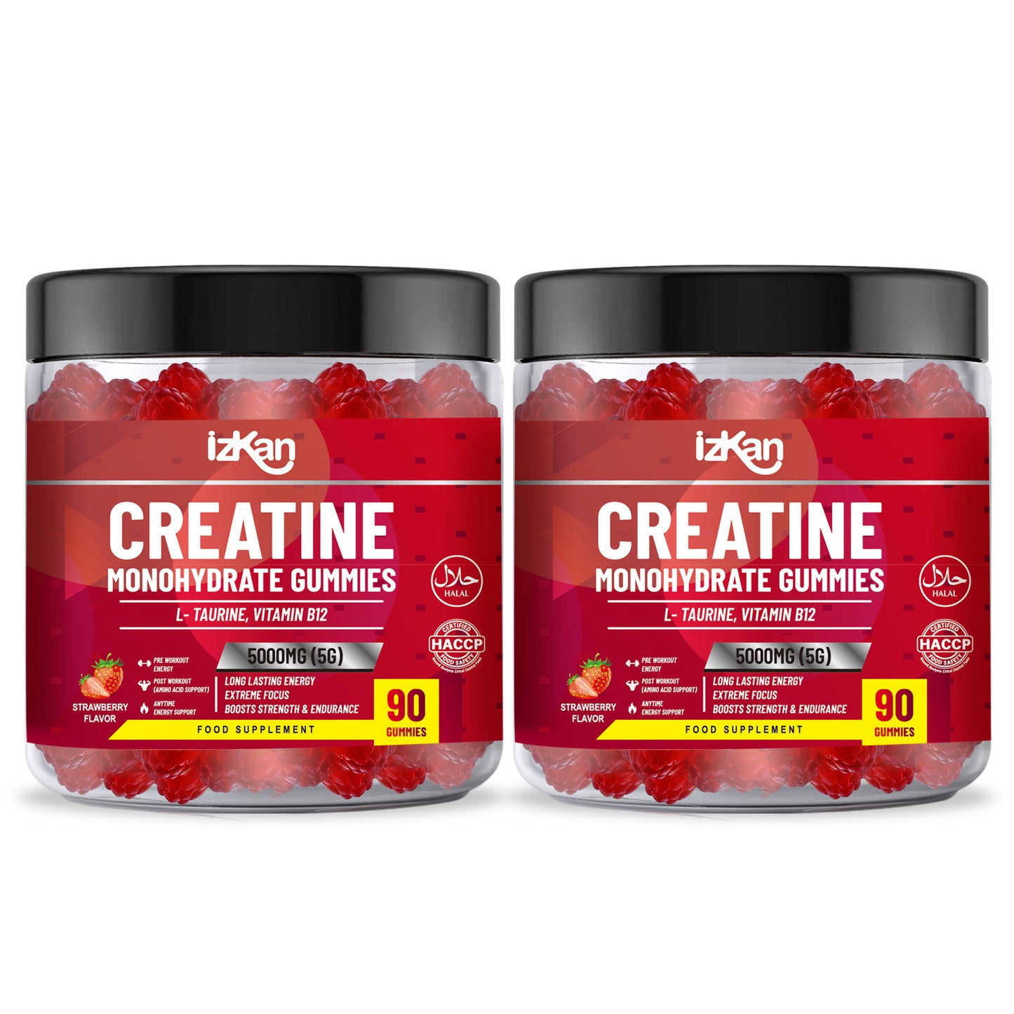 izkan Creatine Monohydrate Gummies, 5000mg (5G) per serving, 90 Sugar-Free, Halal, Vegan Strawberry Flavor