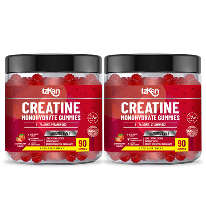 izkan Creatine Monohydrate Gummies, 5000mg (5G) per serving, 90 Sugar-Free, Halal, Vegan Strawberry Flavor