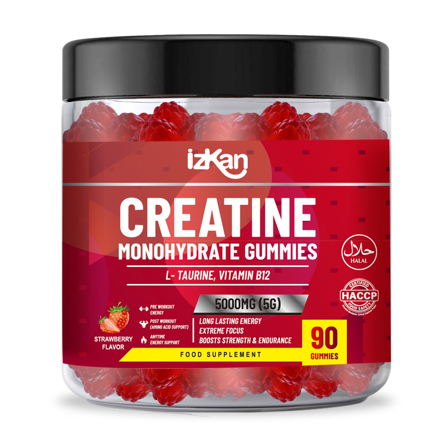 izkan Creatine Monohydrate Gummies, 5000mg (5G) per serving, 90 Sugar-Free, Halal, Vegan Strawberry Flavor