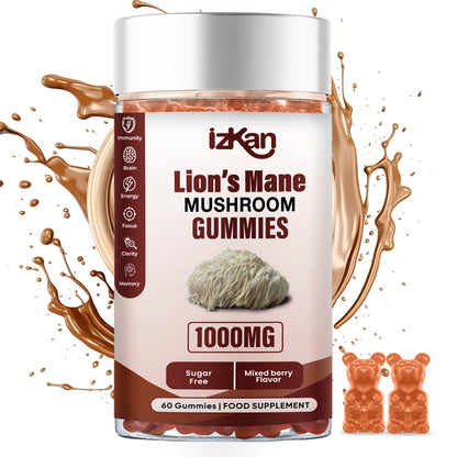 Mushroom Gummies 1000mg - Lion's Mane Mushroom Gummies Promotes Focus, Memory, and Mood - 60 Count (Mixed Berry Flavor, Gluten-Free, Vegan)