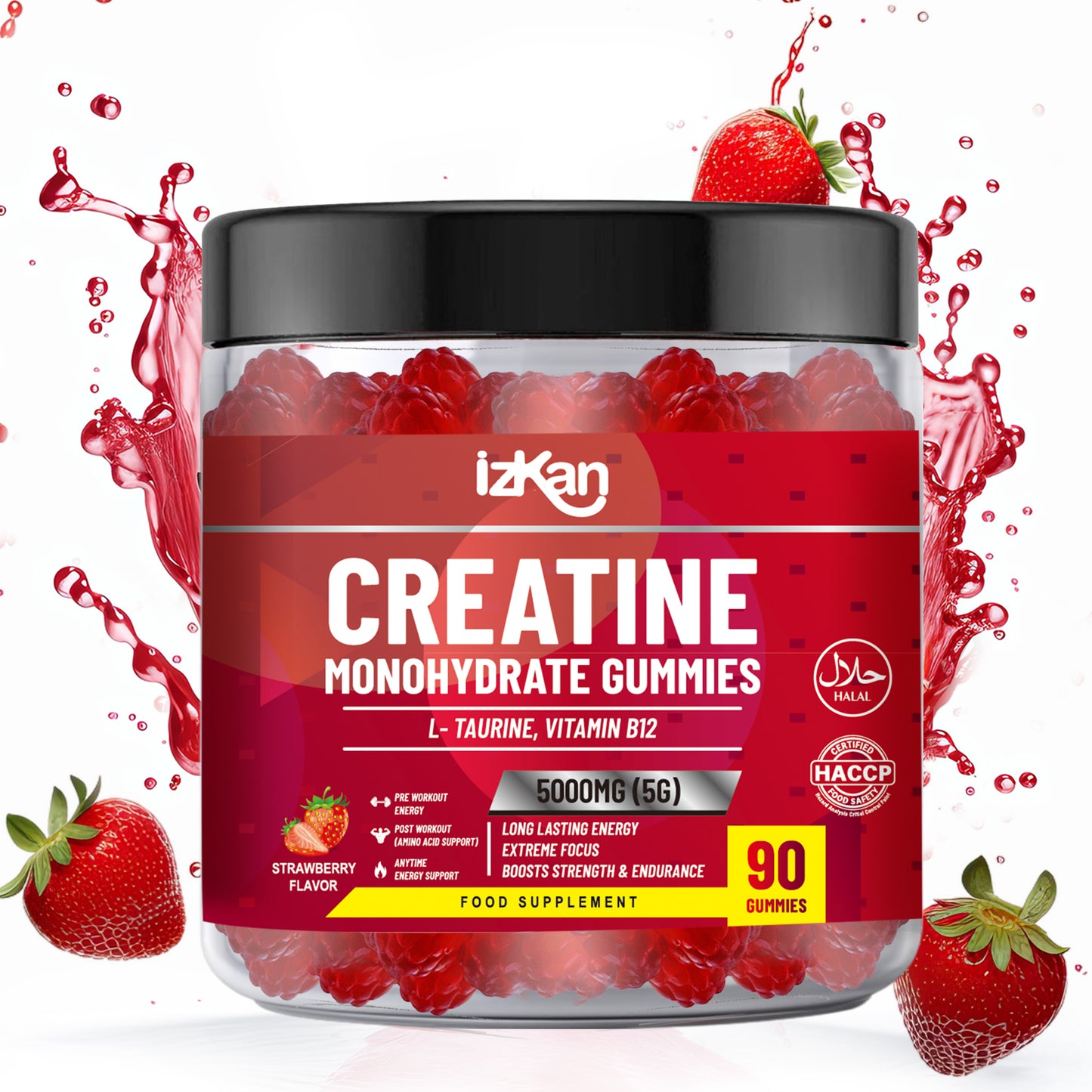 izkan Creatine Monohydrate Gummies, 5000mg (5G) per serving, 90 Sugar-Free, Halal, Vegan Strawberry Flavor