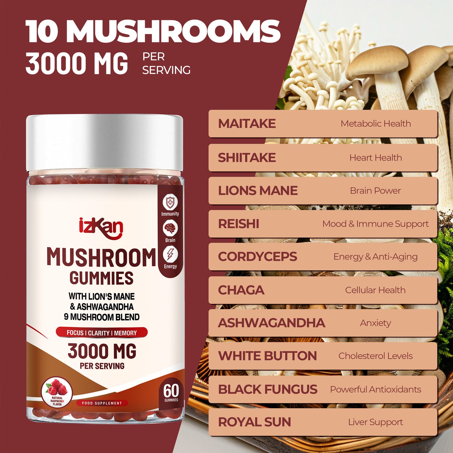 Mushroom Complex Gummies 3000mg - 60 Count Raspberry Flavor