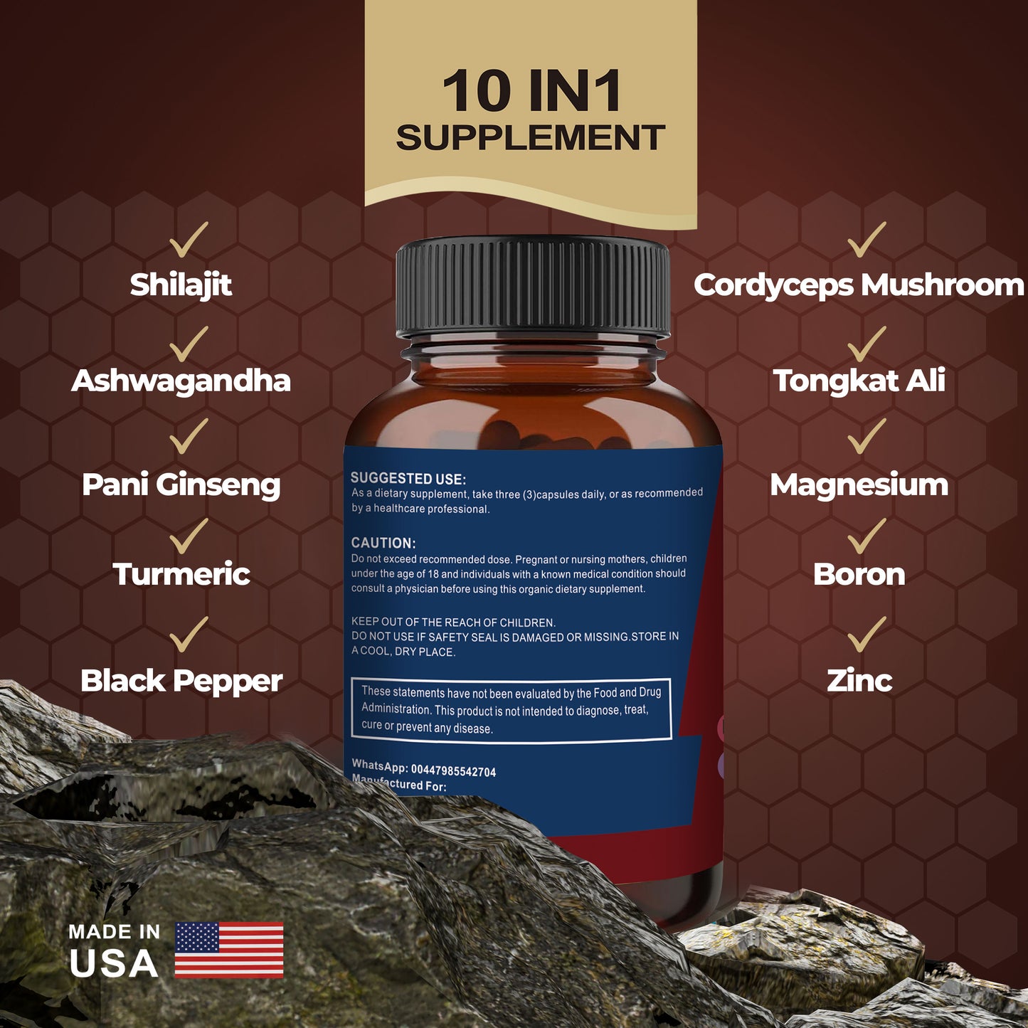 Pure Shilajit Himalayan 10,000mg, Ashwagandha 2000MG, Turmeric 25mg, Black Pepper 5mg, Magnesium 50mg, Zinc 11mg.