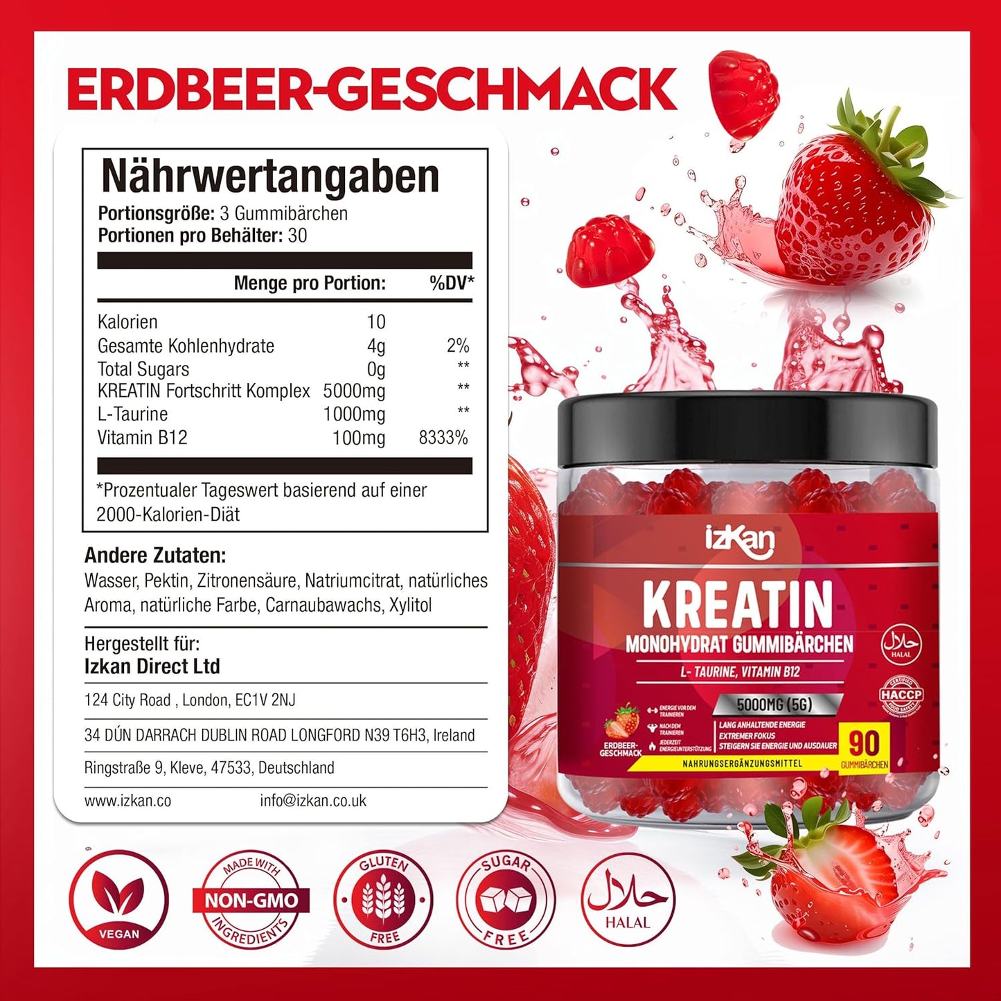 Kreatin Gummibärchen 5000 mg – Vegane Creatin-Monohydrat-Gummis 5G für den Muskelaufbau und Fitness-Ergänzung – mit Erdbeergeschmack