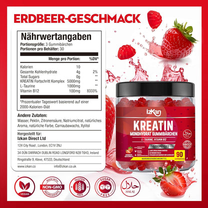 Kreatin Gummibärchen 5000 mg – Vegane Creatin-Monohydrat-Gummis 5G für den Muskelaufbau und Fitness-Ergänzung – mit Erdbeergeschmack