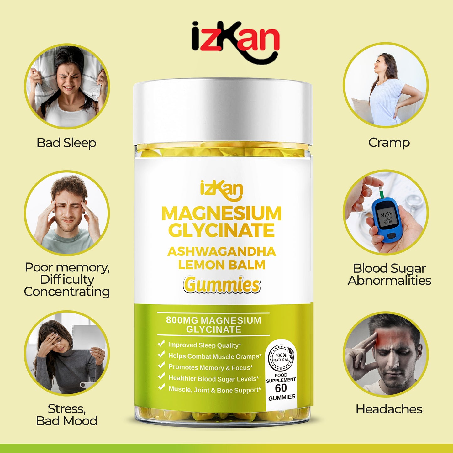 Magnesium Glycinate Gummies - 60 Ashwagandha Gummies with Lemon Balm Extract, Pineapple Flavor