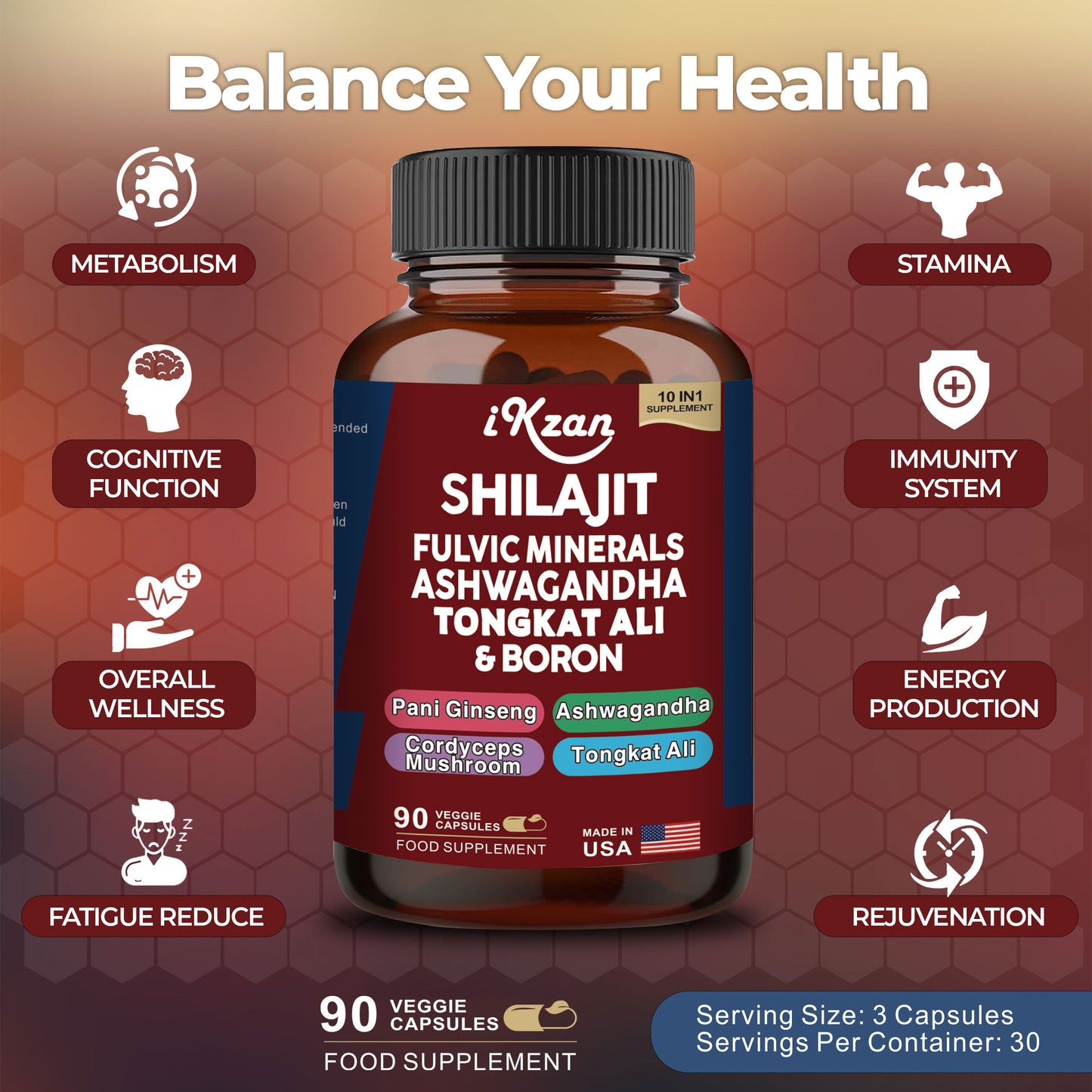 Pure Shilajit Himalayan 10,000mg, Ashwagandha 2000MG, Turmeric 25mg, Black Pepper 5mg, Magnesium 50mg, Zinc 11mg.