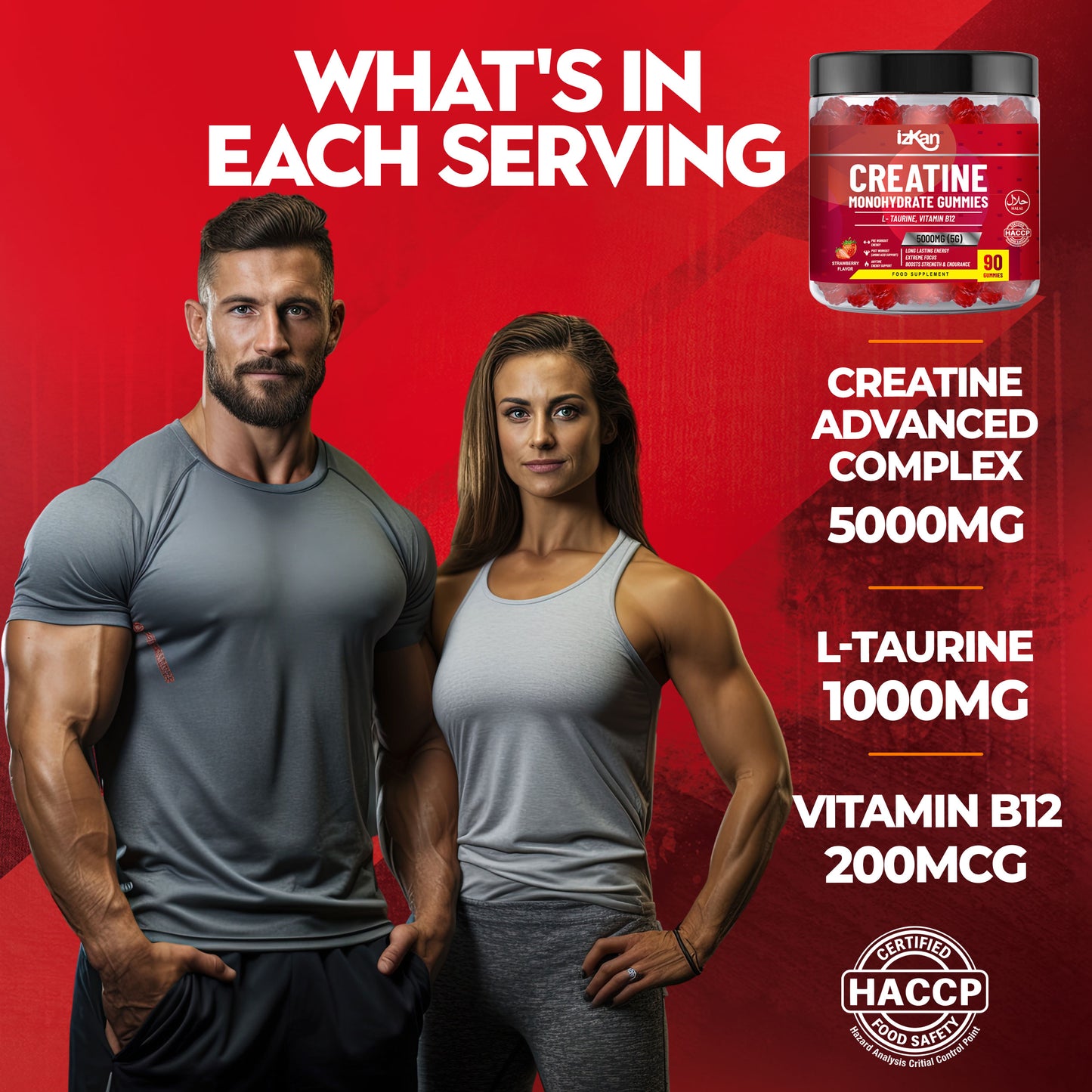 izkan Creatine Monohydrate Gummies, 5000mg (5G) per serving, 90 Sugar-Free, Halal, Vegan Strawberry Flavor