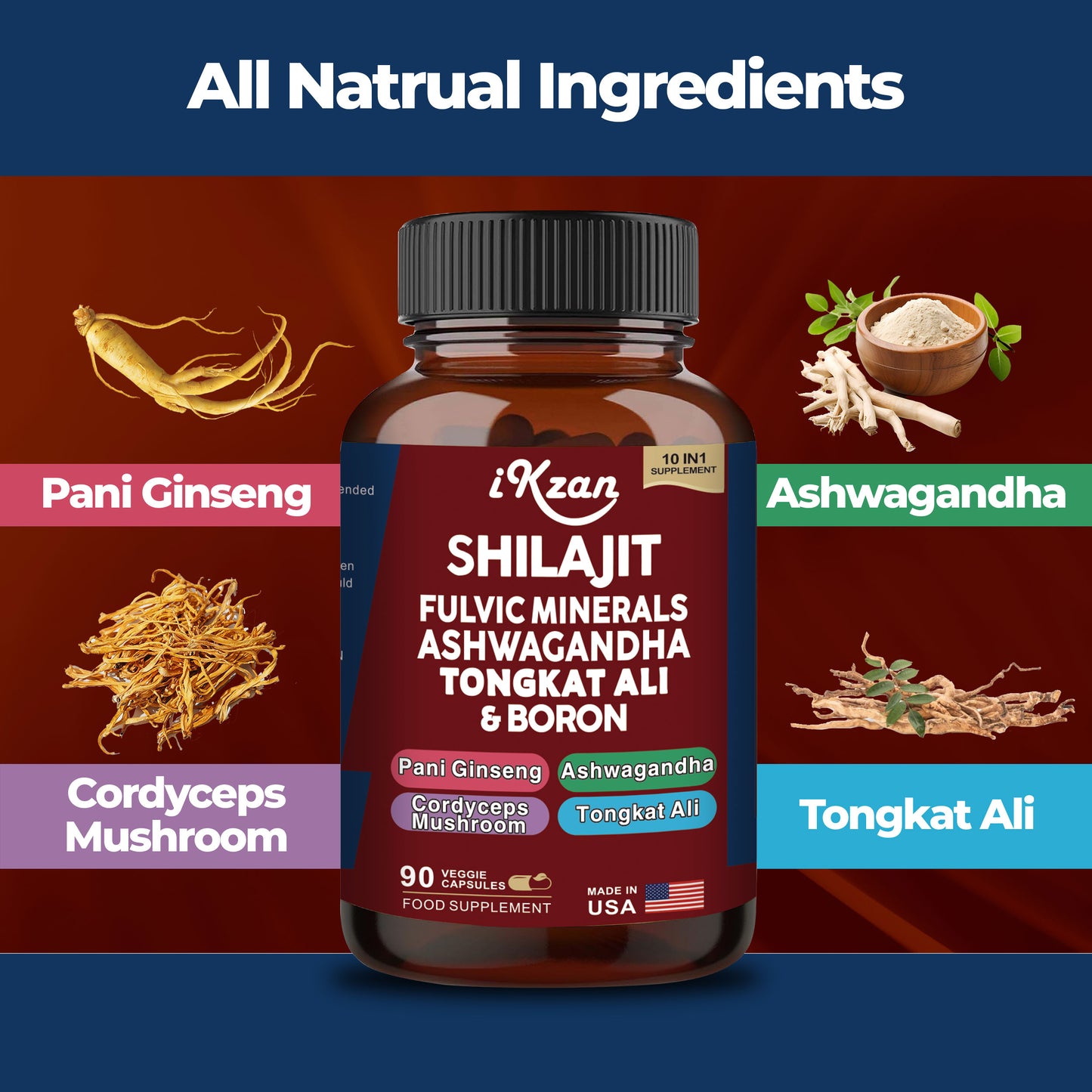 Pure Shilajit Himalayan 10,000mg, Ashwagandha 2000MG, Turmeric 25mg, Black Pepper 5mg, Magnesium 50mg, Zinc 11mg.