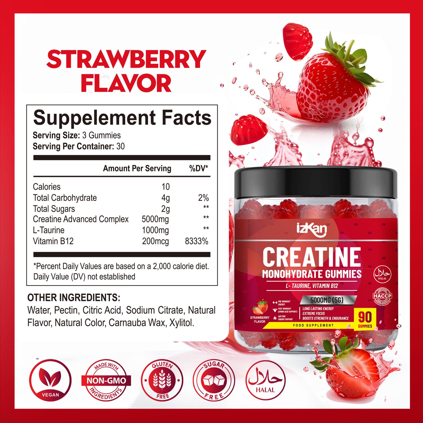 izkan Creatine Monohydrate Gummies, 5000mg (5G) per serving, 90 Sugar-Free, Halal, Vegan Strawberry Flavor