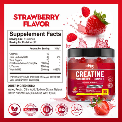 izkan Creatine Monohydrate Gummies, 5000mg (5G) per serving, 90 Sugar-Free, Halal, Vegan Strawberry Flavor