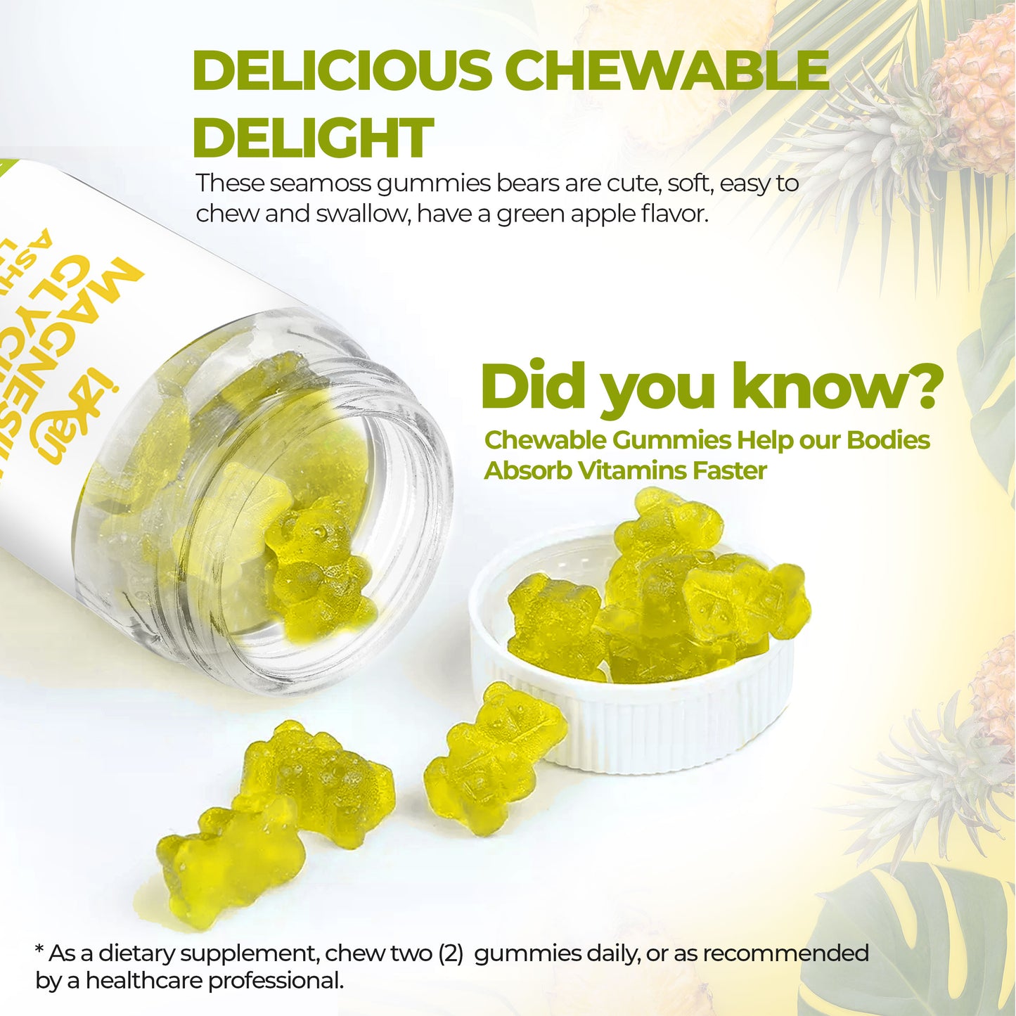 Magnesium Glycinate Gummies - 60 Ashwagandha Gummies with Lemon Balm Extract, Pineapple Flavor