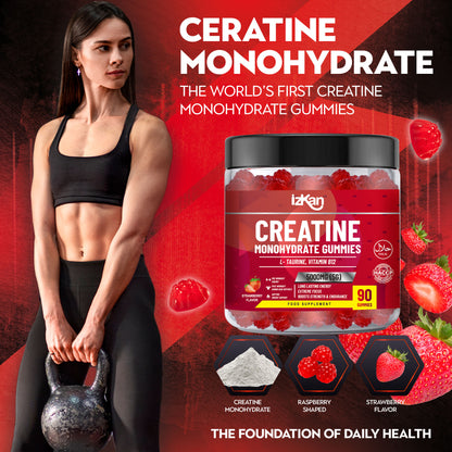 izkan Creatine Monohydrate Gummies, 5000mg (5G) per serving, 90 Sugar-Free, Halal, Vegan Strawberry Flavor