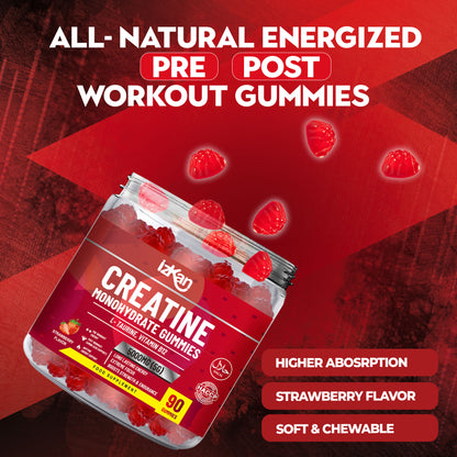 izkan Creatine Monohydrate Gummies, 5000mg (5G) per serving, 90 Sugar-Free, Halal, Vegan Strawberry Flavor