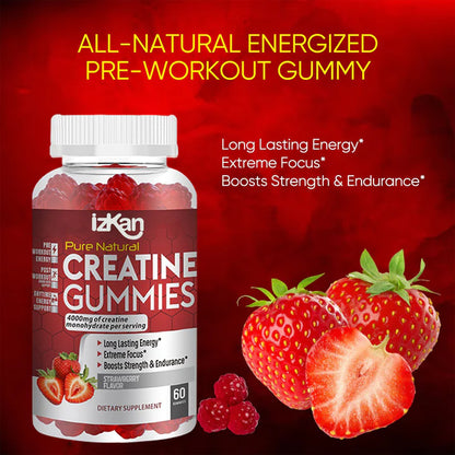 Creatine Monohydrate Gummies 4000mg - 60 Chewable Creatine Gummies Strawberry Flavor - Izkan Nutrition