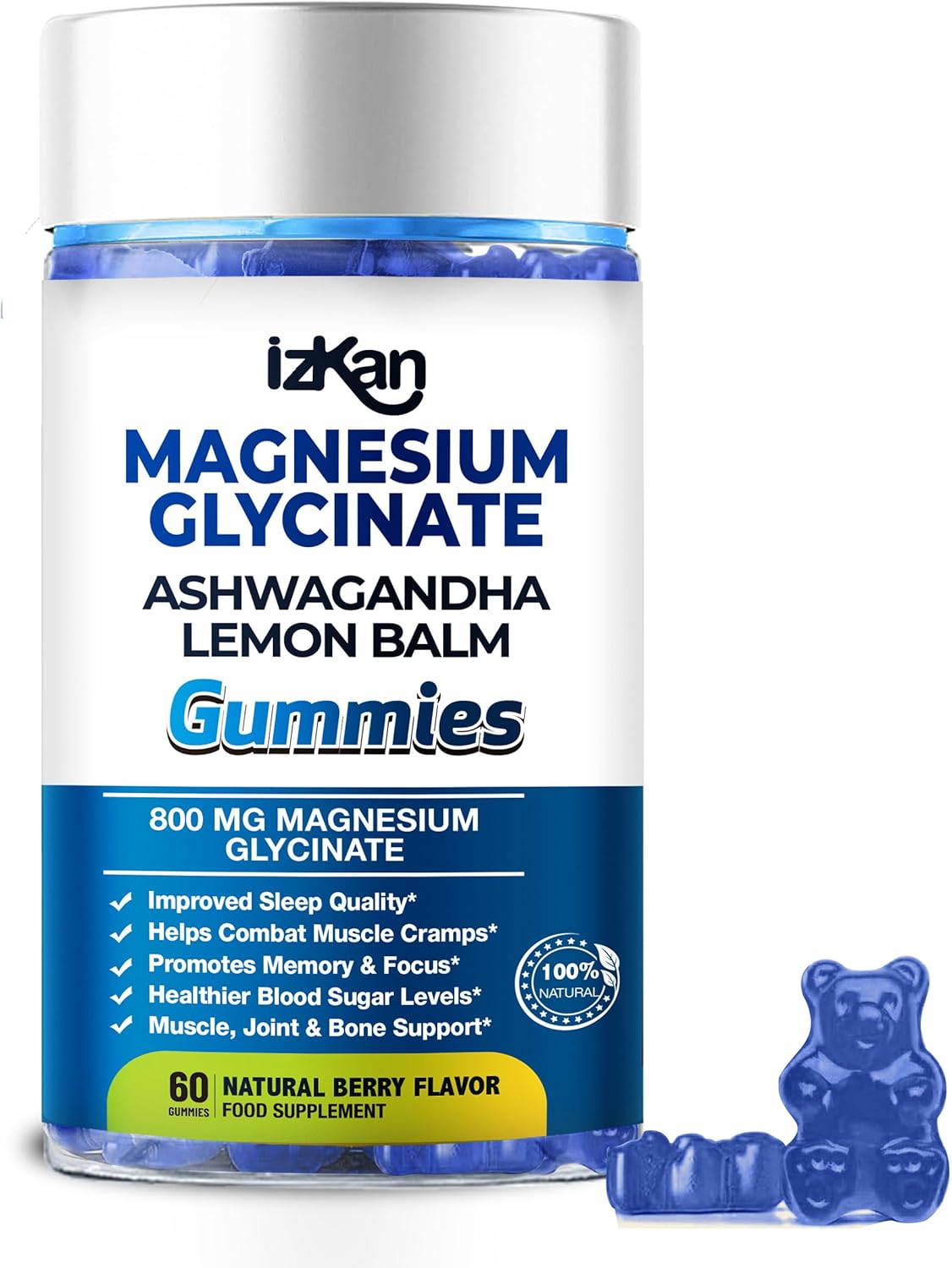 Magnesium Glycinate Gummies 800mg - Sugar Free Magnesium Supplement with Ashwagandha, Lemon Balm Extract & CoQ10 for Sleep, Stress & Muscle Relief & Nerve Health - 60 Gummies (Blueberry Flavor)