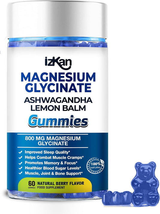 Magnesium Glycinate Gummies 800mg - Sugar Free Magnesium Supplement with Ashwagandha, Lemon Balm Extract & CoQ10 for Sleep, Stress & Muscle Relief & Nerve Health - 60 Gummies (Blueberry Flavor)