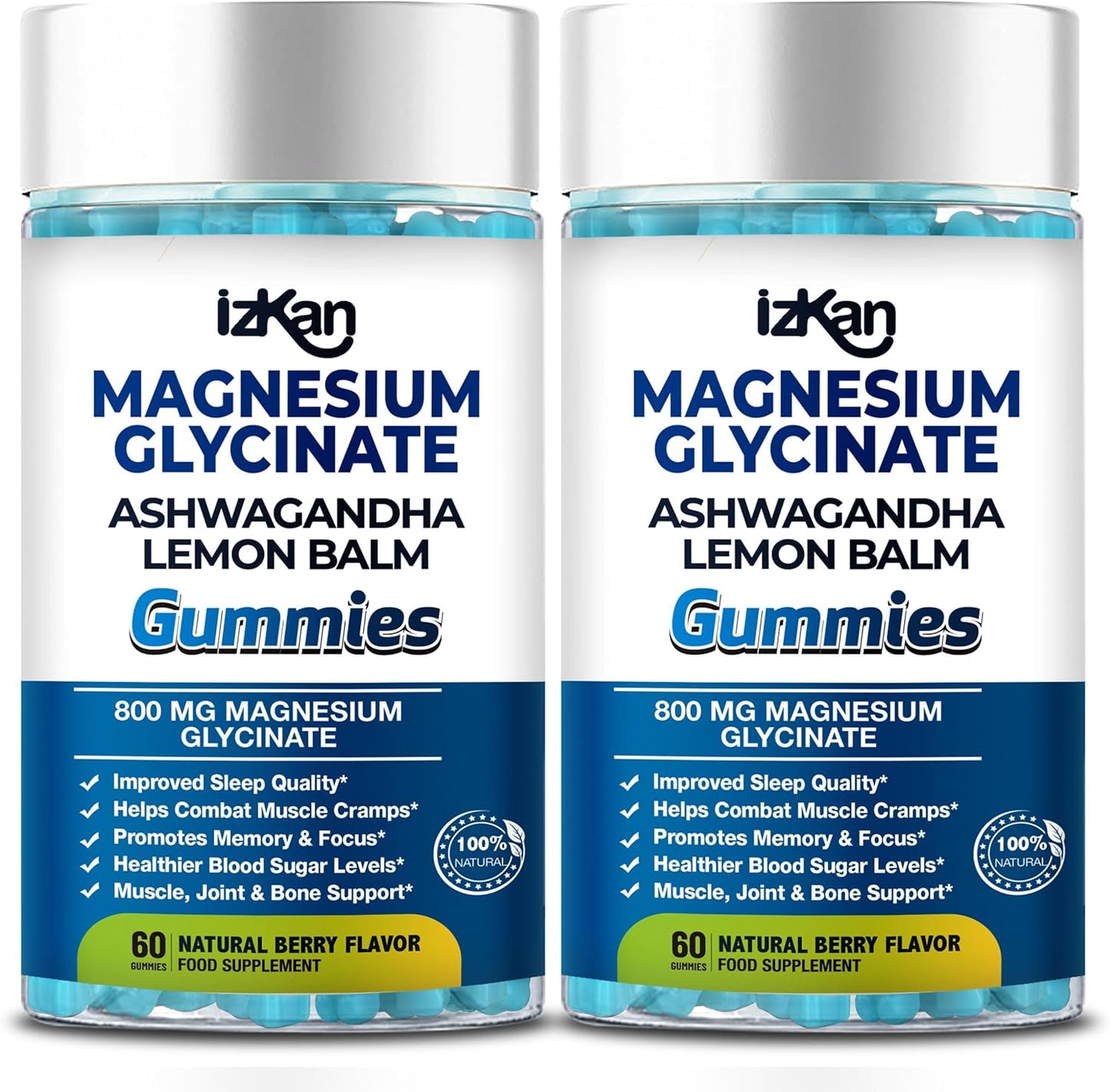 Magnesium Glycinate Gummies 800mg - Sugar Free Magnesium Supplement with Ashwagandha, Lemon Balm Extract & CoQ10 for Sleep, Stress & Muscle Relief & Nerve Health - 60 Gummies (Blueberry Flavor)