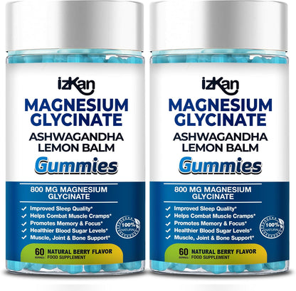 Magnesium Glycinate Gummies 800mg - Sugar Free Magnesium Supplement with Ashwagandha, Lemon Balm Extract & CoQ10 for Sleep, Stress & Muscle Relief & Nerve Health - 60 Gummies (Blueberry Flavor)