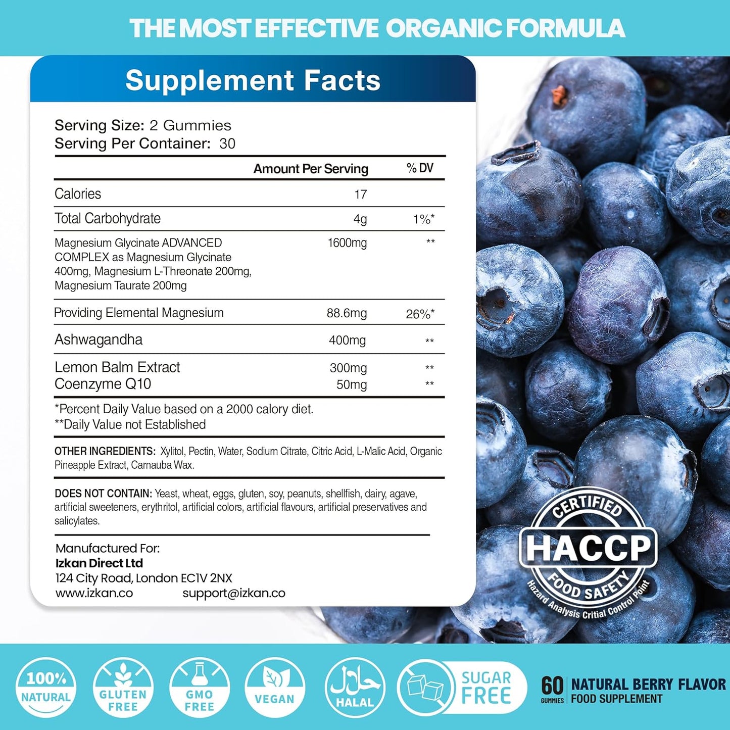 Magnesium Glycinate Gummies 800mg - Sugar Free Magnesium Supplement with Ashwagandha, Lemon Balm Extract & CoQ10 for Sleep, Stress & Muscle Relief & Nerve Health - 60 Gummies (Blueberry Flavor)