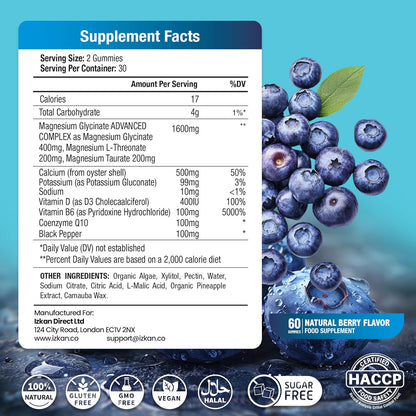 Magnesium Glycinate 1600mg with Calcium, Potassium, Vitamin D & CoQ10 – High Absorption Magnesium Supplement for Sleep, Muscle, Nerve & Mood Support – 60 Gummies