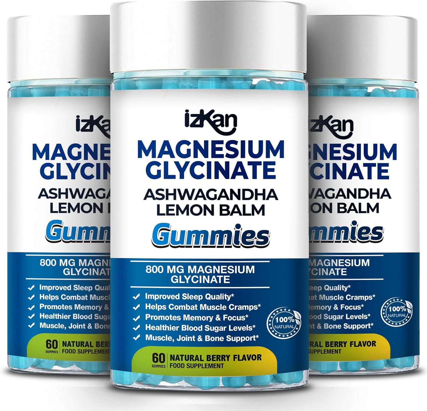 Magnesium Glycinate Gummies 800mg - Sugar Free Magnesium Supplement with Ashwagandha, Lemon Balm Extract & CoQ10 for Sleep, Stress & Muscle Relief & Nerve Health - 60 Gummies (Blueberry Flavor)