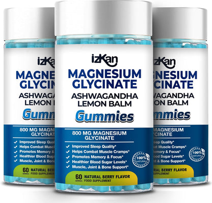 Magnesium Glycinate Gummies 800mg - Sugar Free Magnesium Supplement with Ashwagandha, Lemon Balm Extract & CoQ10 for Sleep, Stress & Muscle Relief & Nerve Health - 60 Gummies (Blueberry Flavor)