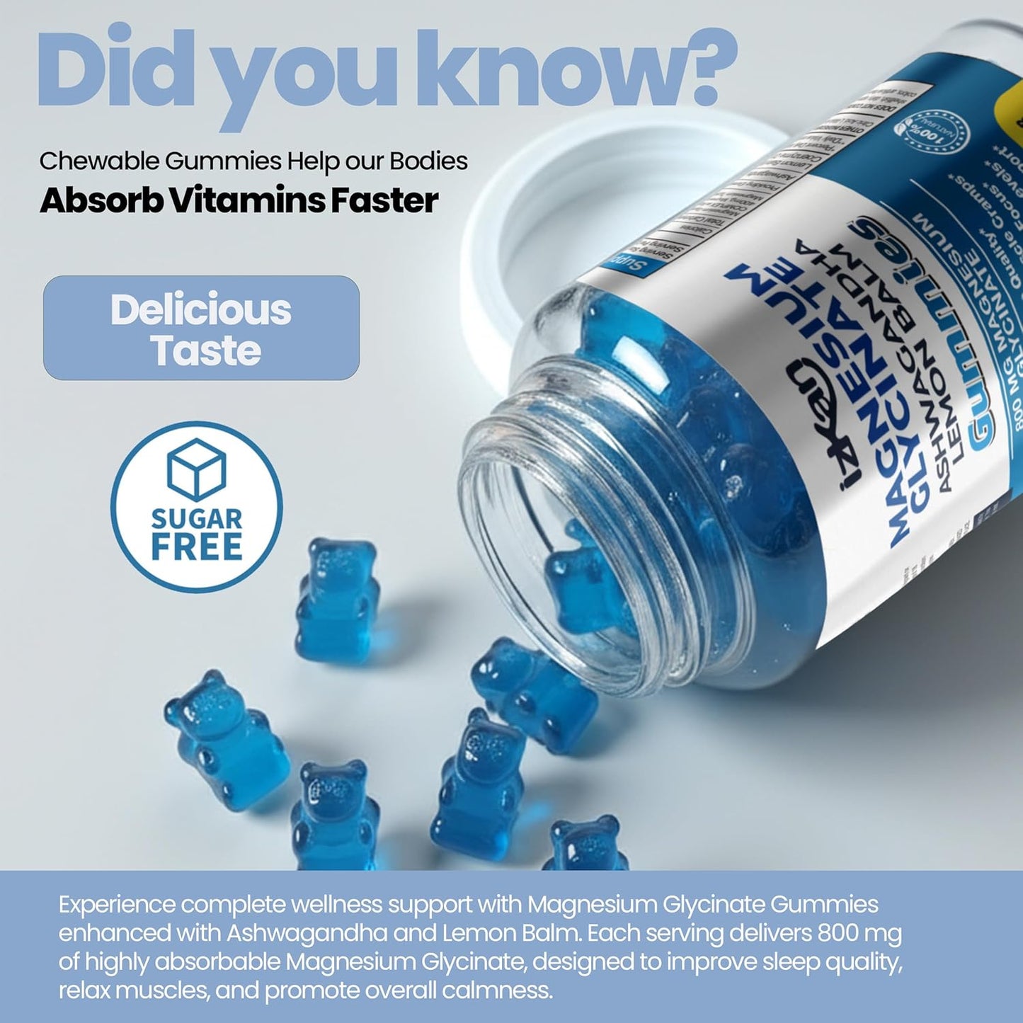 Magnesium Glycinate Gummies 800mg - Sugar Free Magnesium Supplement with Ashwagandha, Lemon Balm Extract & CoQ10 for Sleep, Stress & Muscle Relief & Nerve Health - 60 Gummies (Blueberry Flavor)