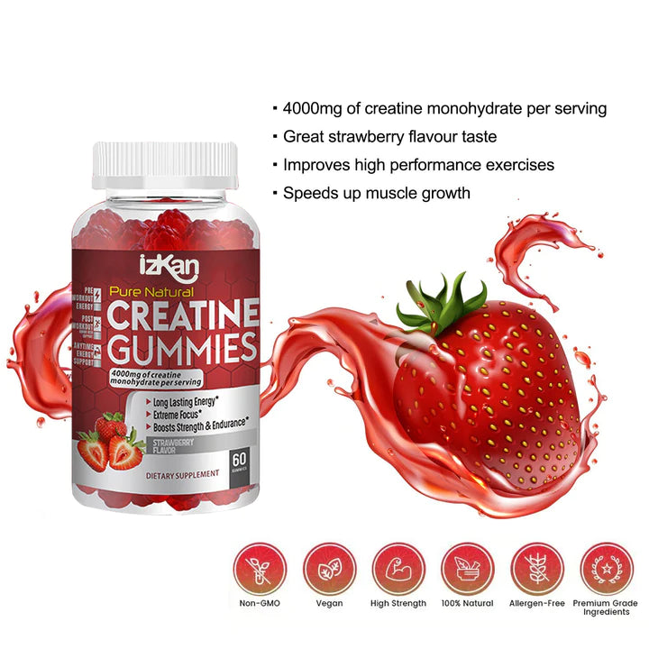 Creatine Monohydrate Gummies 4000mg - 60 Chewable Creatine Gummies Strawberry Flavor - Izkan Nutrition