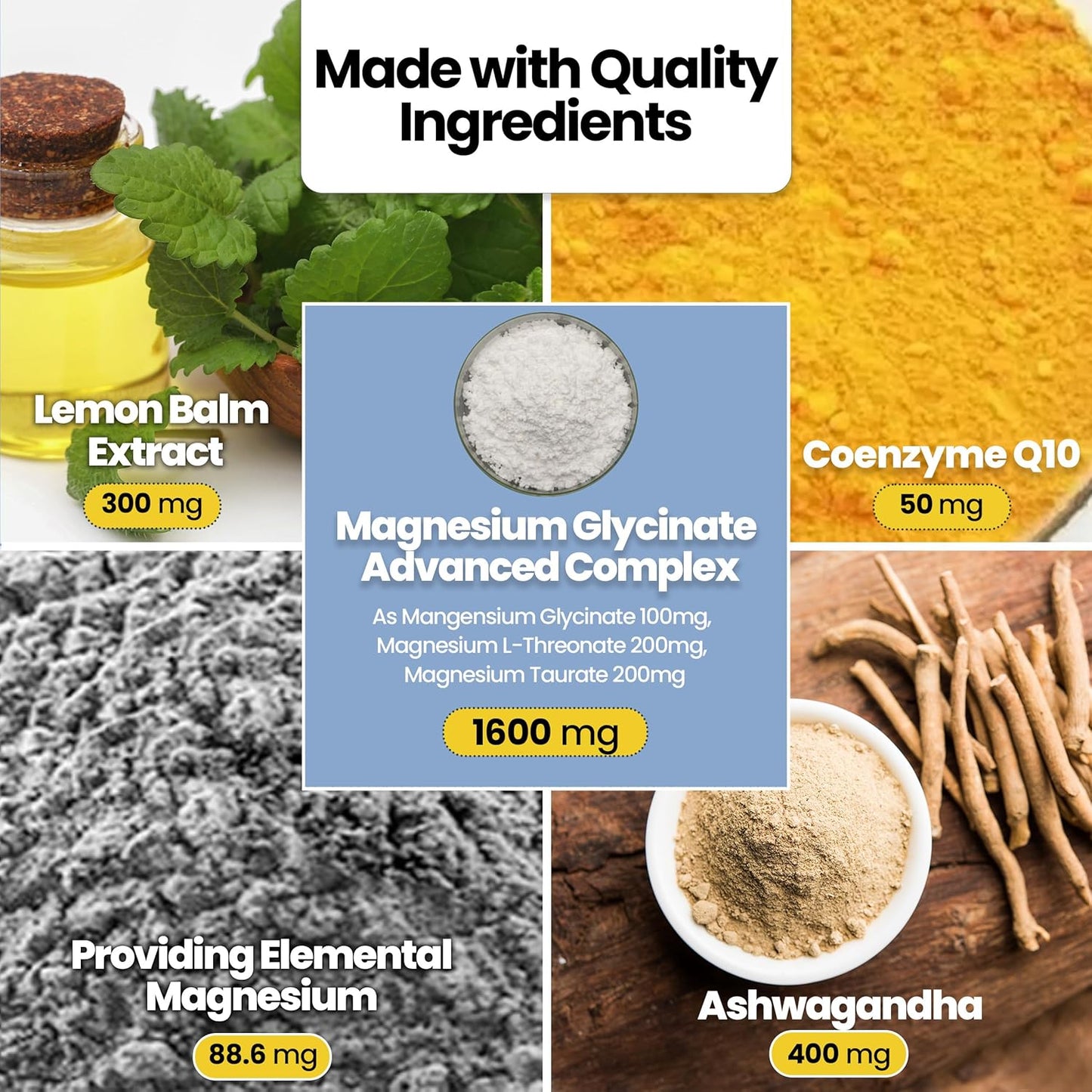 Magnesium Glycinate Gummies 800mg - Sugar Free Magnesium Supplement with Ashwagandha, Lemon Balm Extract & CoQ10 for Sleep, Stress & Muscle Relief & Nerve Health - 60 Gummies (Blueberry Flavor)