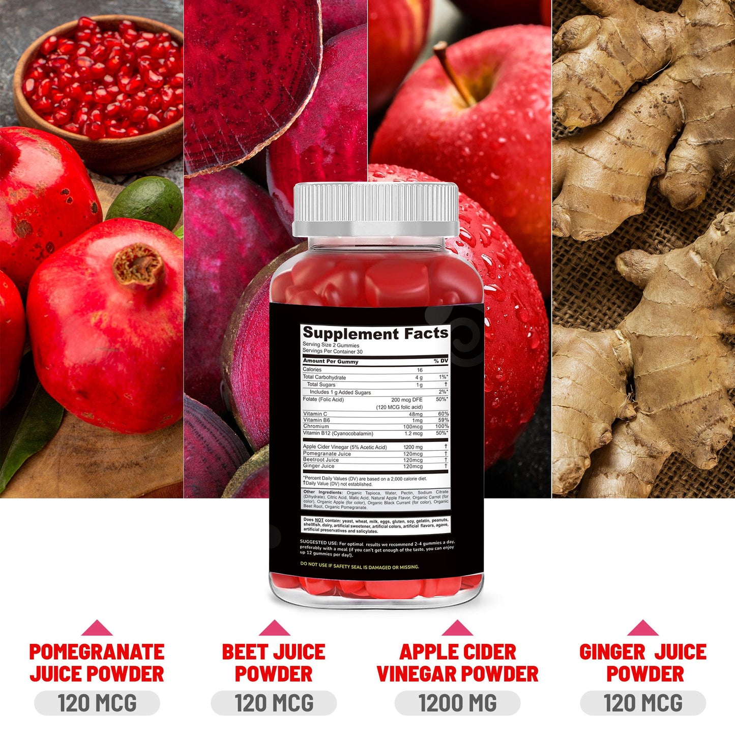 Apple Cider Vinegar Gummies ACV Supplement with Vitamin B12, B6 & Beetroot & Pomegranate Vegan Gluten Free GMO Free 60 Gummies Healthcare Edible