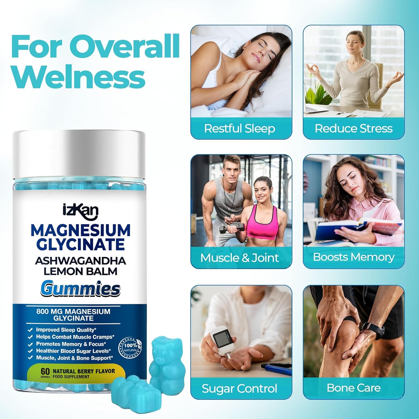 Magnesium Glycinate Gummies 800mg - Sugar Free Magnesium Supplement with Ashwagandha, Lemon Balm Extract & CoQ10 for Sleep, Stress & Muscle Relief & Nerve Health - 60 Gummies (Blueberry Flavor)