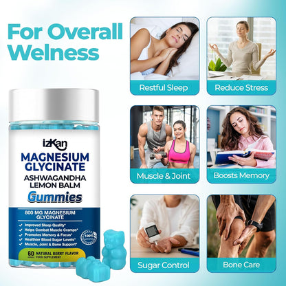 Magnesium Glycinate Gummies 800mg - Sugar Free Magnesium Supplement with Ashwagandha, Lemon Balm Extract & CoQ10 for Sleep, Stress & Muscle Relief & Nerve Health - 60 Gummies (Blueberry Flavor)
