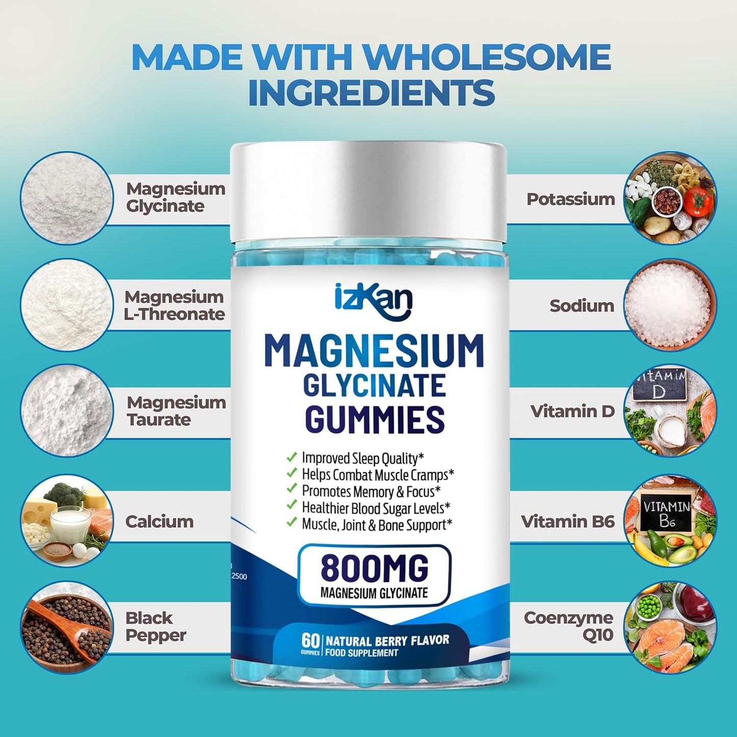 Magnesium Glycinate 1600mg with Calcium, Potassium, Vitamin D & CoQ10 – High Absorption Magnesium Supplement for Sleep, Muscle, Nerve & Mood Support – 60 Gummies