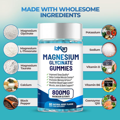 Magnesium Glycinate 1600mg with Calcium, Potassium, Vitamin D & CoQ10 – High Absorption Magnesium Supplement for Sleep, Muscle, Nerve & Mood Support – 60 Gummies