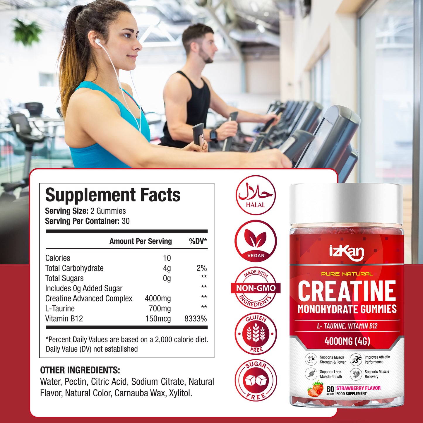 iZKAN Creatine Monohydrate Gummies 4000mg, 60 Sugar-Free, Halal, Vegan Strawberry Flavor