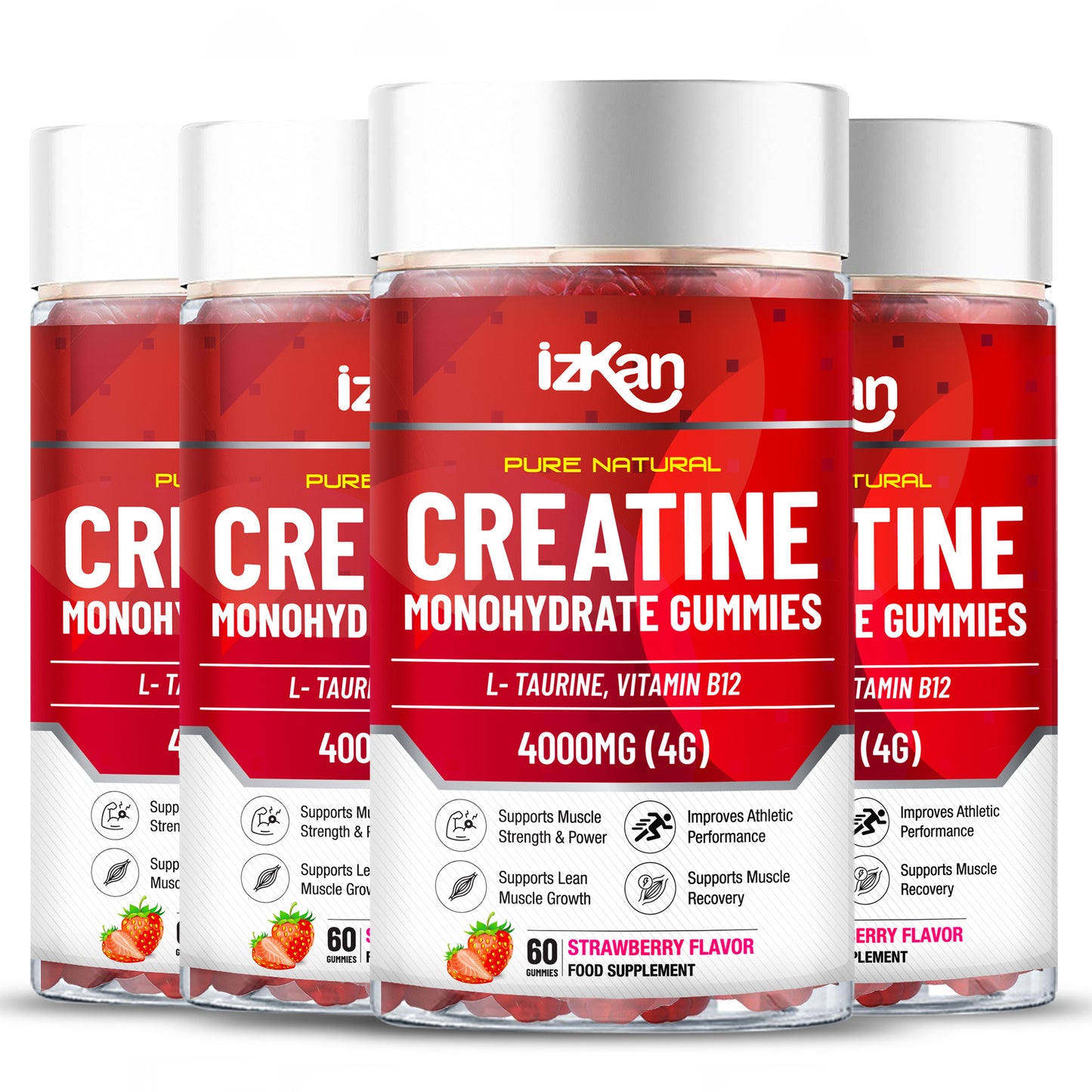 iZKAN Creatine Monohydrate Gummies 4000mg, 60 Sugar-Free, Halal, Vegan Strawberry Flavor