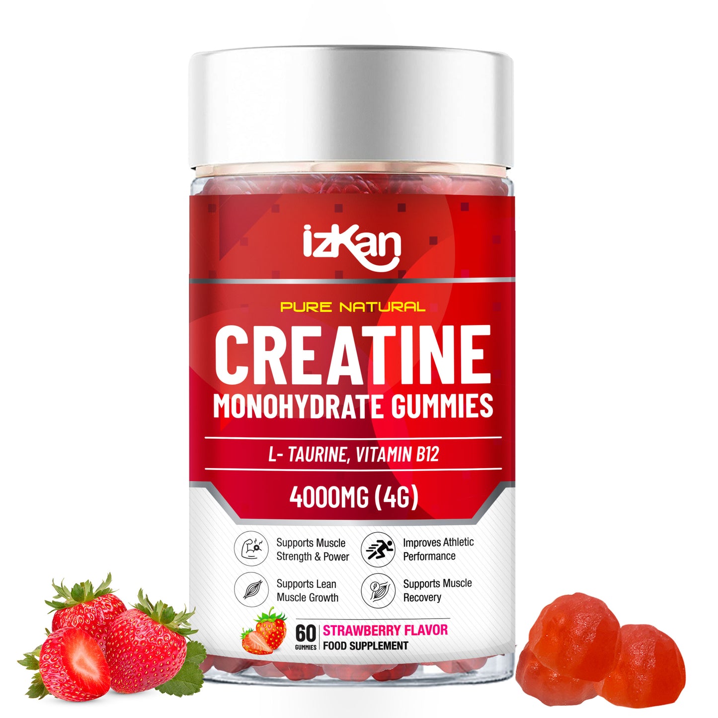 iZKAN Creatine Monohydrate Gummies 4000mg, 60 Sugar-Free, Halal, Vegan Strawberry Flavor