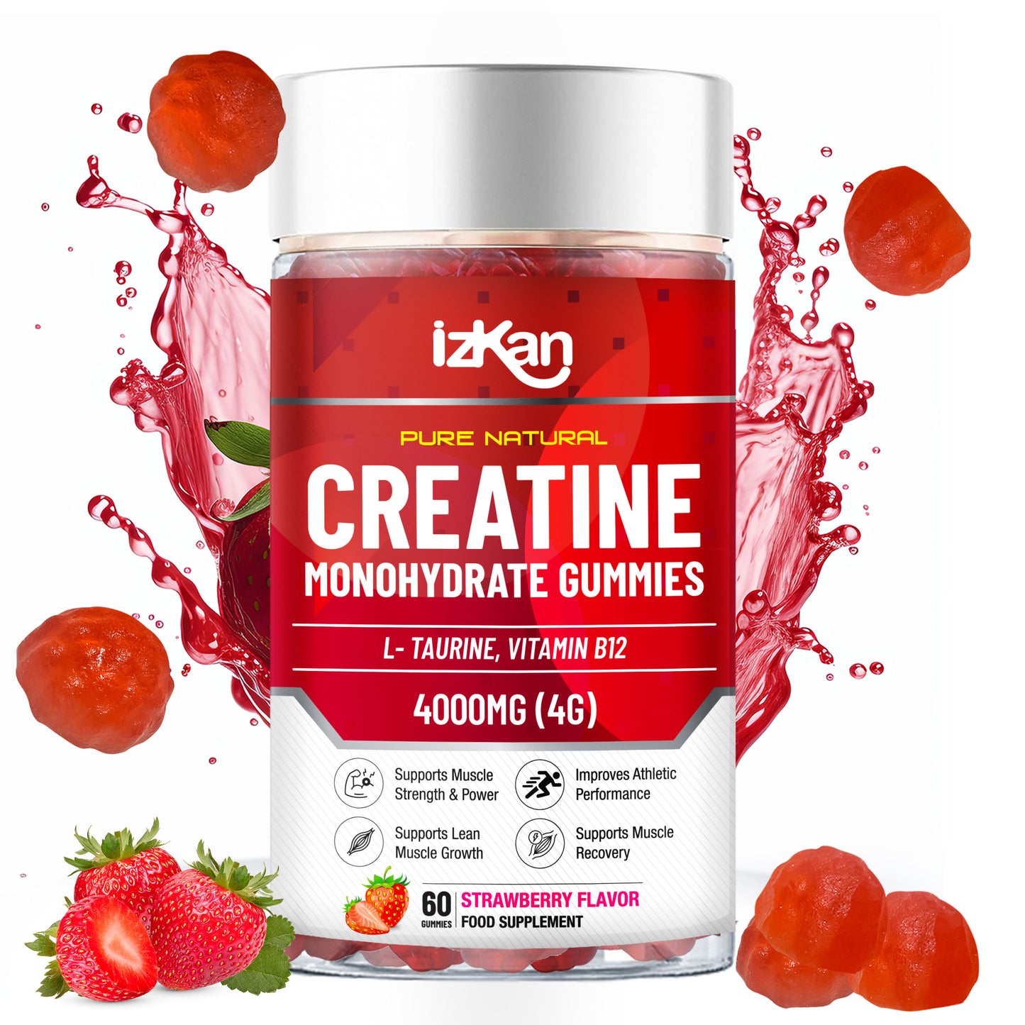 iZKAN Creatine Monohydrate Gummies 4000mg, 60 Sugar-Free, Halal, Vegan Strawberry Flavor