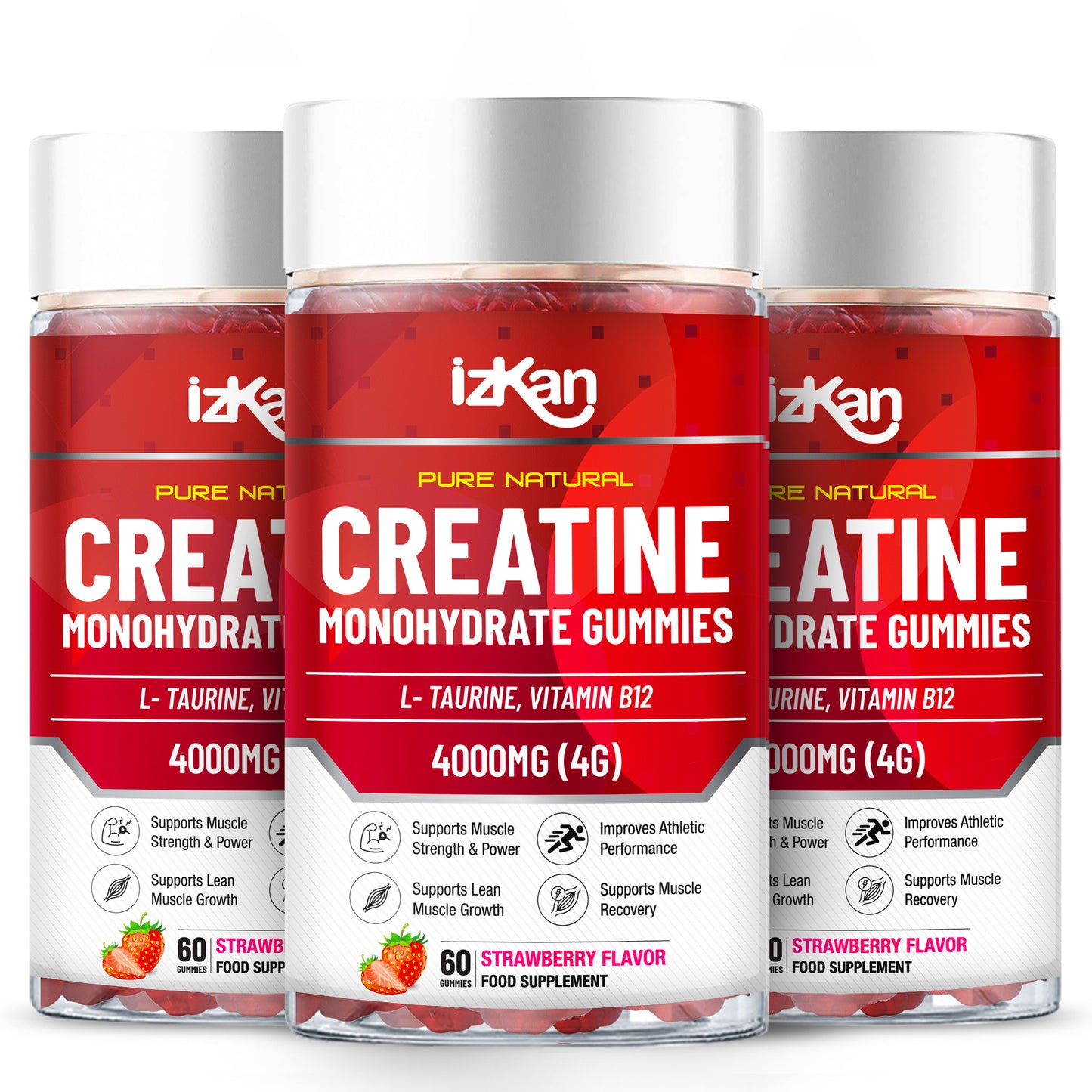 iZKAN Creatine Monohydrate Gummies 4000mg, 60 Sugar-Free, Halal, Vegan Strawberry Flavor