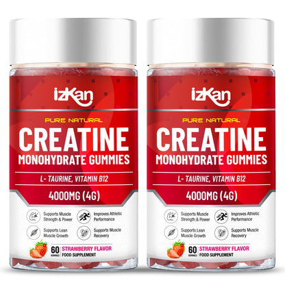 iZKAN Creatine Monohydrate Gummies 4000mg, 60 Sugar-Free, Halal, Vegan Strawberry Flavor