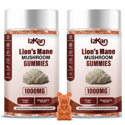 Mushroom Gummies 1000mg - Lion's Mane Mushroom Gummies Promotes Focus, Memory, and Mood - 60 Count (Mixed Berry Flavor, Gluten-Free, Vegan)