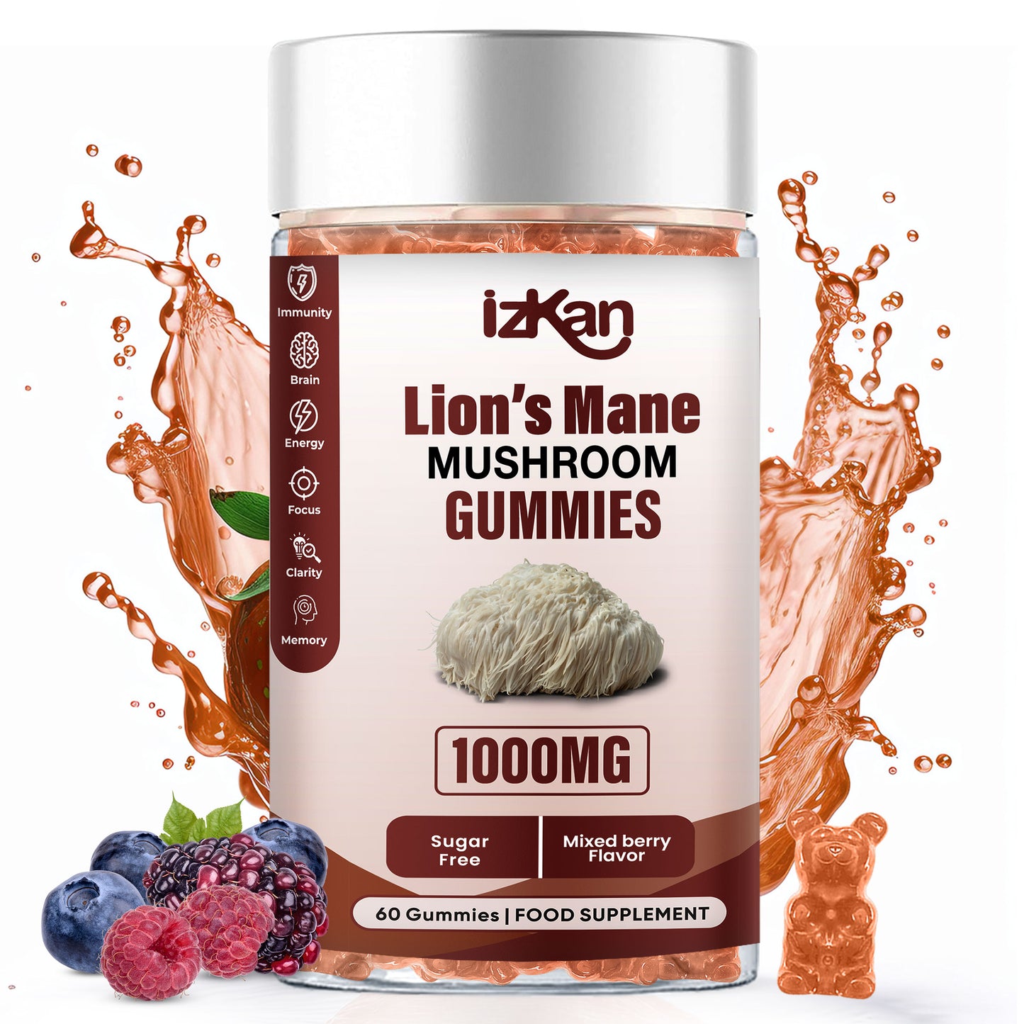 Mushroom Gummies 1000mg - Lion's Mane Mushroom Gummies Promotes Focus, Memory, and Mood - 60 Count (Mixed Berry Flavor, Gluten-Free, Vegan)